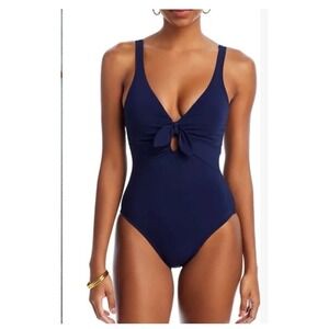 Robin Piccone Ava Plunge Neck Tie-Front One Piece Swimsuit Black Size 10 Womens